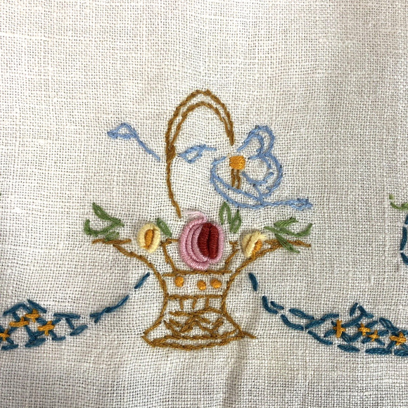 Retro Tea Towel Embroidered Flower Basket with Stripe, Pink Blue Yellow Vintage - Picture 4 of 8